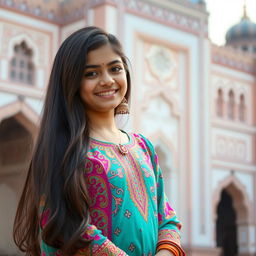 A Pakistani girl with traditional attire, showcasing vibrant cultural attire such as a beautifully embroidered shalwar kameez with intricate patterns