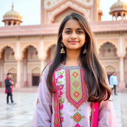 A Pakistani girl with traditional attire, showcasing vibrant cultural attire such as a beautifully embroidered shalwar kameez with intricate patterns