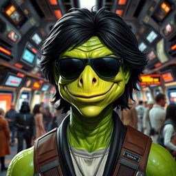 A green male Clawdite from Star Wars, characterized by his reptilian nose and confident demeanor