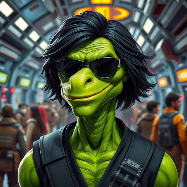 A green male Clawdite from Star Wars, characterized by his reptilian nose and confident demeanor