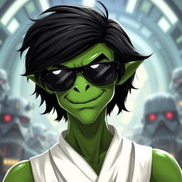 A green male clawdite from Star Wars wearing a black medium-length wig and sunglasses, showcasing a cocky smirk