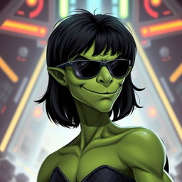 A green male clawdite from Star Wars wearing a black medium-length wig and sunglasses, showcasing a cocky smirk