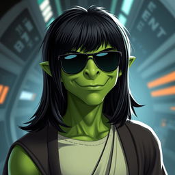 A green male clawdite from Star Wars wearing a black medium-length wig and sunglasses, showcasing a cocky smirk