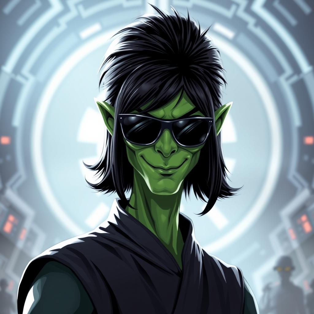 A green male clawdite from Star Wars wearing a black medium-length wig and sunglasses, showcasing a cocky smirk