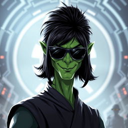 A green male clawdite from Star Wars wearing a black medium-length wig and sunglasses, showcasing a cocky smirk