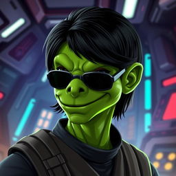 A green male Clawdite from Star Wars, characterized by his reptilian nose and confident demeanor