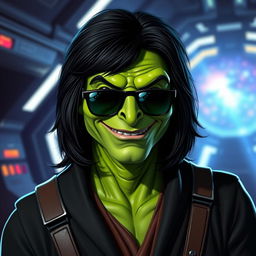 A green male Clawdite from Star Wars, characterized by his reptilian nose and confident demeanor