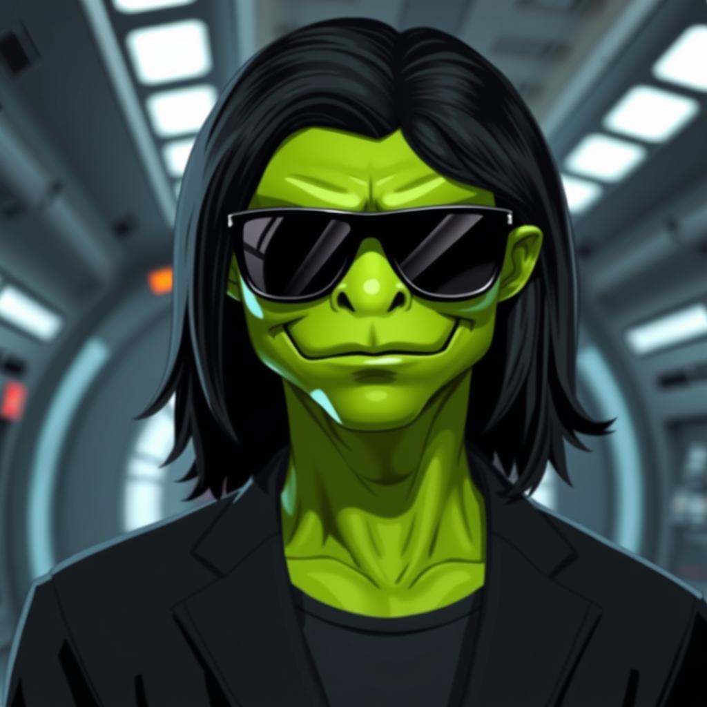 A green male clawdite from Star Wars wearing a black medium-length wig and sunglasses, with a cocky and seductive smirk