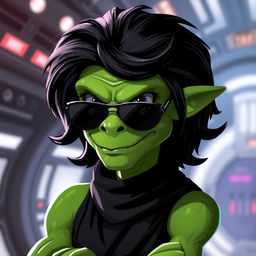 A green male clawdite from Star Wars wearing a black medium-length wig and sunglasses, with a cocky and seductive smirk