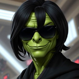 A green male clawdite from Star Wars wearing a black medium-length wig and sunglasses, with a cocky and seductive smirk