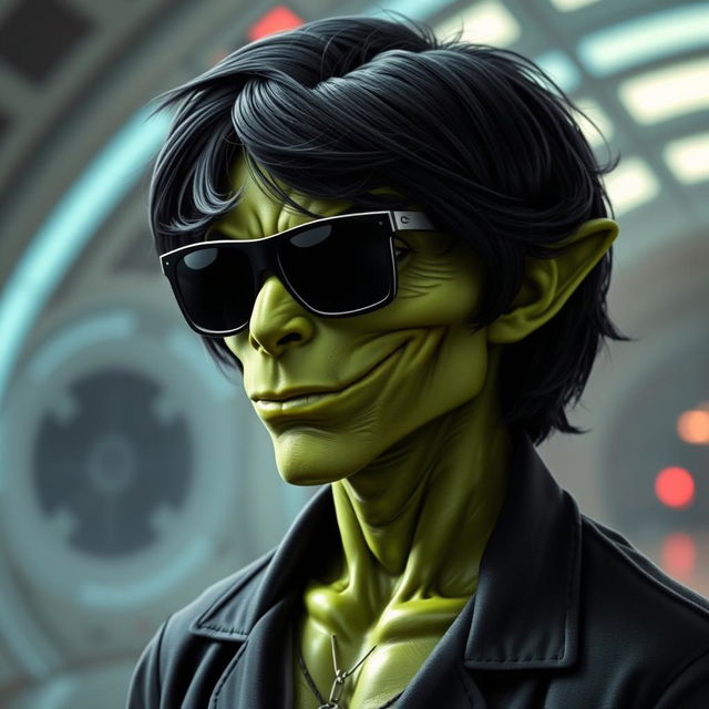 A green male clawdite from Star Wars wearing a black medium-length wig and sunglasses, with a cocky and seductive smirk