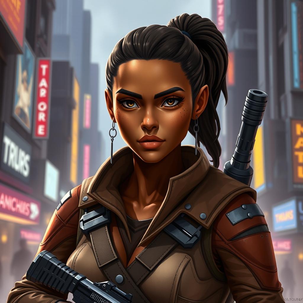 A female Balosar bounty hunter from Star Wars, characterized by her brown skin and determined expression