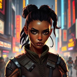 A female Balosar bounty hunter from Star Wars, characterized by her brown skin and determined expression