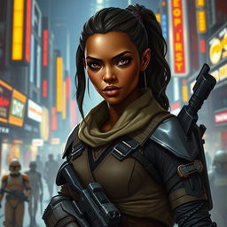 A female Balosar bounty hunter from Star Wars, characterized by her brown skin and determined expression