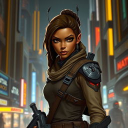 A female Balosar bounty hunter from Star Wars, characterized by her brown skin and determined expression