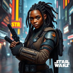 A female Balosar bounty hunter from Star Wars, featuring brown skin and striking dreadlocks