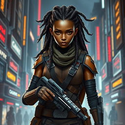 A female Balosar bounty hunter from Star Wars, featuring brown skin and striking dreadlocks