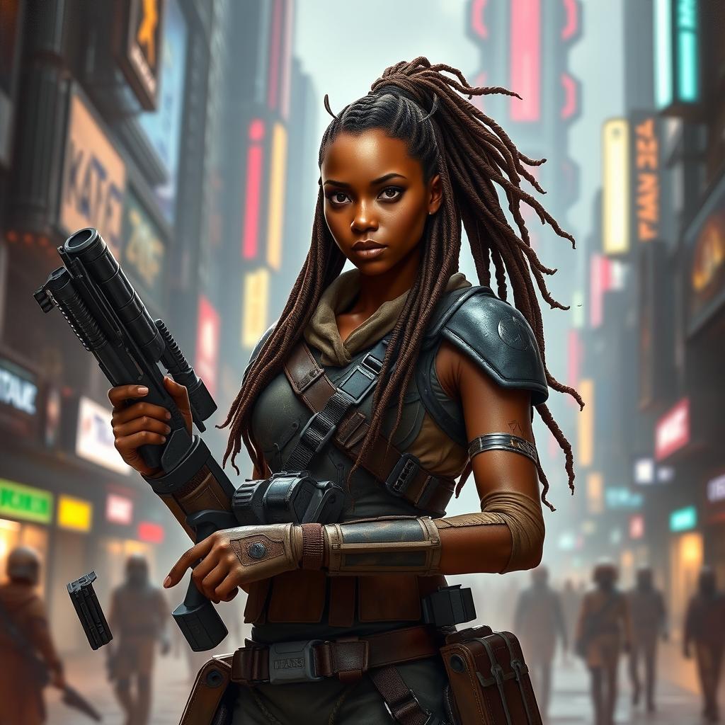 A female Balosar bounty hunter from Star Wars, featuring brown skin and striking dreadlocks