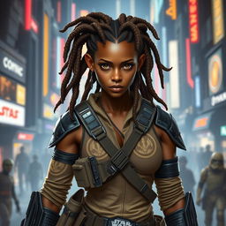 A female Balosar bounty hunter from Star Wars, featuring brown skin and striking dreadlocks