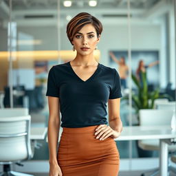 A sexy woman with short hair in an office setting is wearing a chic V-neck t-shirt and a stylish skirt