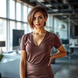 A sexy woman with short hair in an office setting is wearing a chic V-neck t-shirt and a stylish skirt