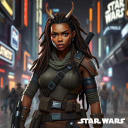 A female Balosar bounty hunter from Star Wars, featuring brown skin and distinctive dreadlocks that frame her face