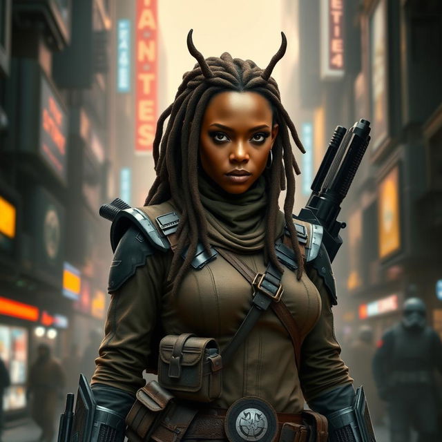 A female Balosar bounty hunter from Star Wars, featuring brown skin and distinctive dreadlocks that frame her face