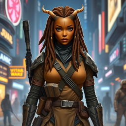 A female Balosar bounty hunter from Star Wars, featuring brown skin and distinctive dreadlocks that frame her face