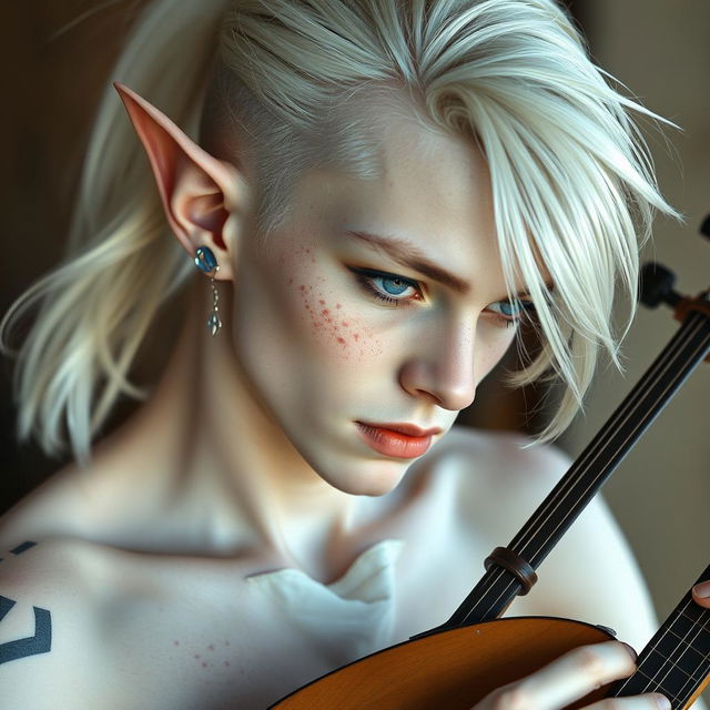 A male twink half-elf with a distinctive appearance, featuring white hair styled in a ponytail and adorned with freckles across his flawless, white skin, accented with slight vitiligo