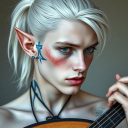 A male twink half-elf with a distinctive appearance, featuring white hair styled in a ponytail and adorned with freckles across his flawless, white skin, accented with slight vitiligo