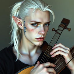 A male twink half-elf with a distinctive appearance, featuring white hair styled in a ponytail and adorned with freckles across his flawless, white skin, accented with slight vitiligo