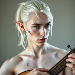 A male twink half-elf with a distinctive appearance, featuring white hair styled in a ponytail and adorned with freckles across his flawless, white skin, accented with slight vitiligo