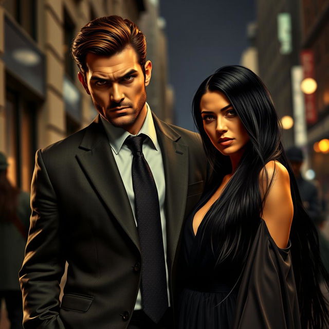 A fierce mafioso with chestnut-brown hair stands confidently next to a woman with long black hair