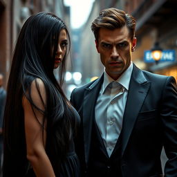 A fierce mafioso with chestnut-brown hair stands confidently next to a woman with long black hair