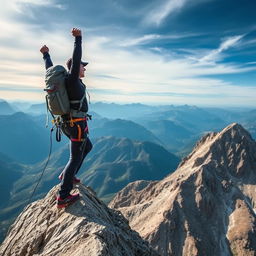 A person triumphantly climbing a steep mountain ridge, showcasing determination and perseverance in overcoming a daunting challenge