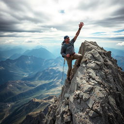 A person triumphantly climbing a steep mountain ridge, showcasing determination and perseverance in overcoming a daunting challenge