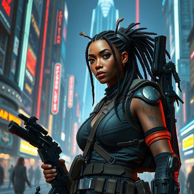 A female Balosar bounty hunter from Star Wars, featuring brown skin, distinctive dreadlocks, and visible antennae