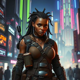 A female Balosar bounty hunter from Star Wars, featuring brown skin, distinctive dreadlocks, and visible antennae