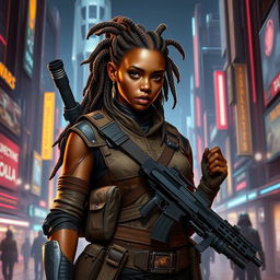 A female Balosar bounty hunter from Star Wars, featuring brown skin, distinctive dreadlocks, and visible antennae