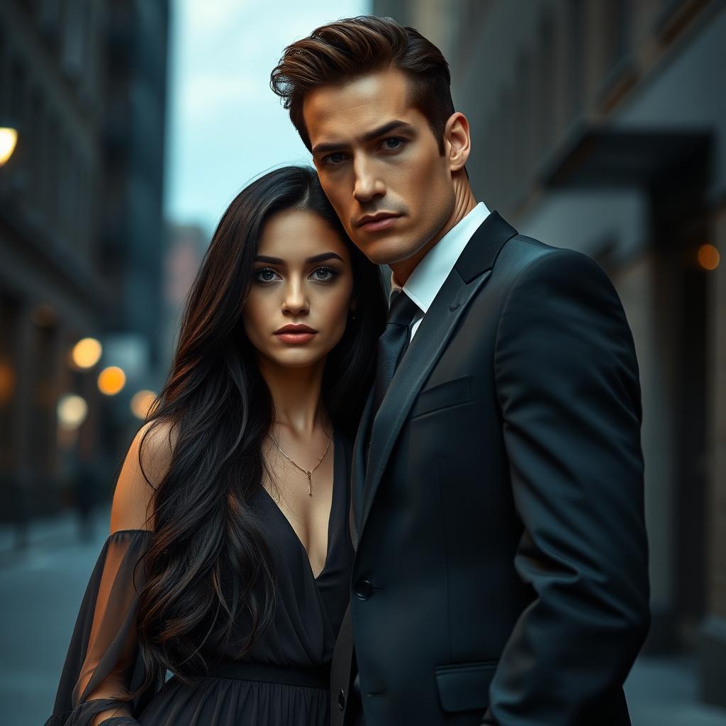 A 28-year-old mafioso with chestnut-brown hair stands confidently next to a 20-year-old woman with long black hair