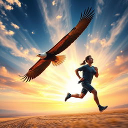 Majestic eagles soaring through a vibrant, expansive sky, symbolizing freedom and power, alongside a determined person running with focused energy