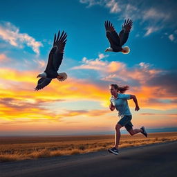 Majestic eagles soaring through a vibrant, expansive sky, symbolizing freedom and power, alongside a determined person running with focused energy