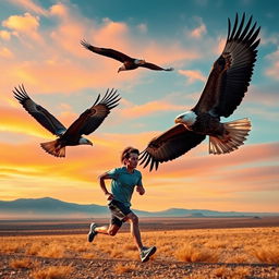 Majestic eagles soaring through a vibrant, expansive sky, symbolizing freedom and power, alongside a determined person running with focused energy