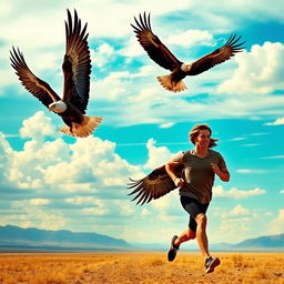 Majestic eagles soaring through a vibrant, expansive sky, symbolizing freedom and power, alongside a determined person running with focused energy