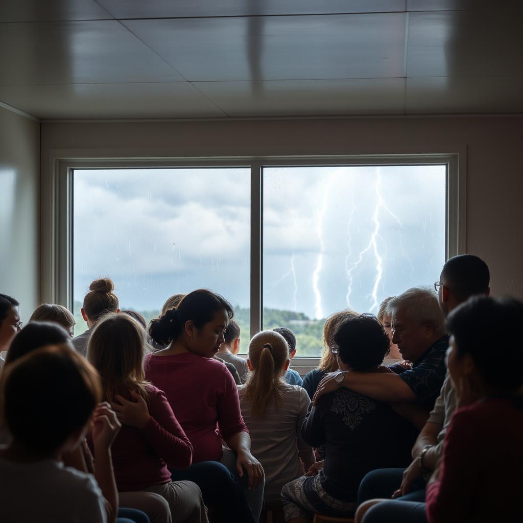 A diverse group of people taking refuge in a safe and secure shelter, with a comforting and hopeful atmosphere inside