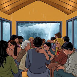 A diverse group of people taking refuge in a safe and secure shelter, with a comforting and hopeful atmosphere inside