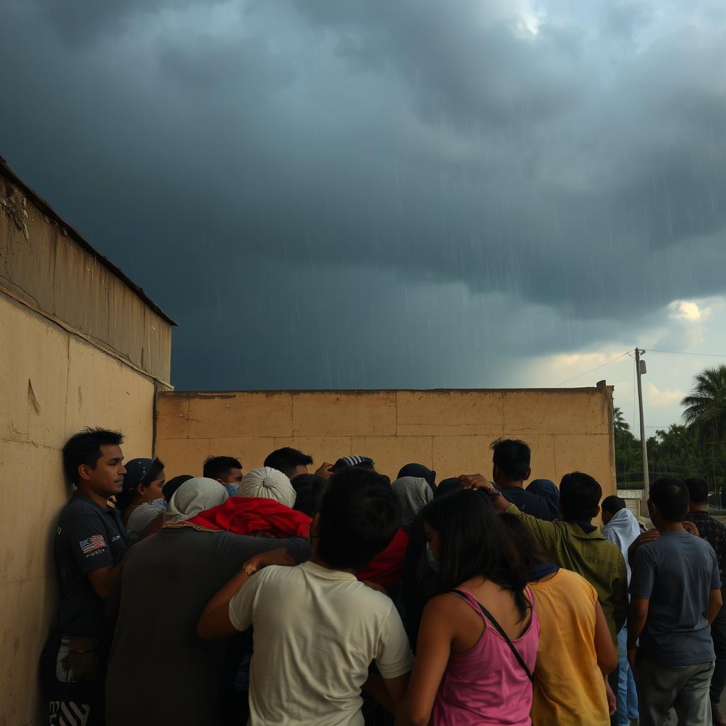 People taking refuge in a safe shelter, huddled together with a sense of relief and safety, the shelter robust and well-lit, walls showing signs of recent weather damage