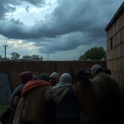 People taking refuge in a safe shelter, huddled together with a sense of relief and safety, the shelter robust and well-lit, walls showing signs of recent weather damage