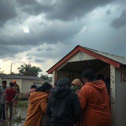 People taking refuge in a safe shelter, huddled together with a sense of relief and safety, the shelter robust and well-lit, walls showing signs of recent weather damage