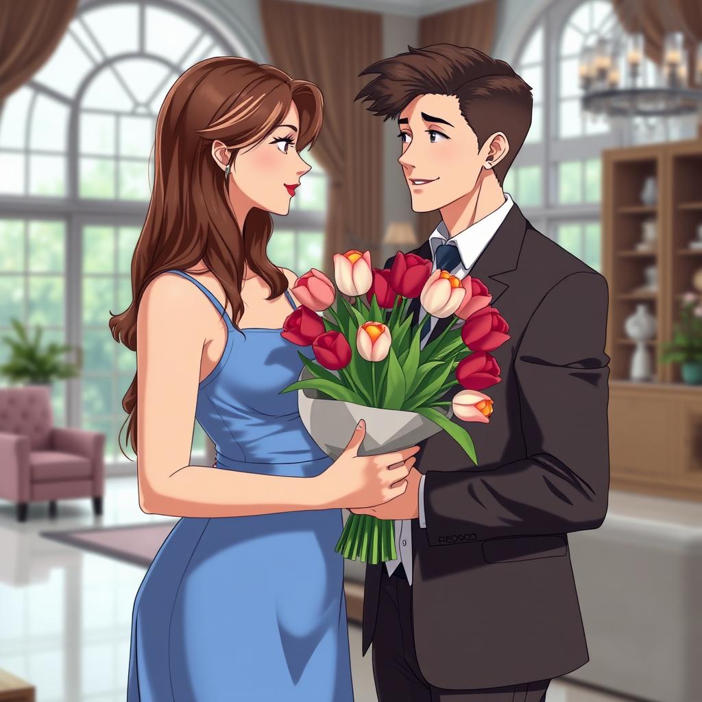 Anime style depiction of a young man presenting a bouquet of roses mixed with tulips to his 39-year-old stepmother